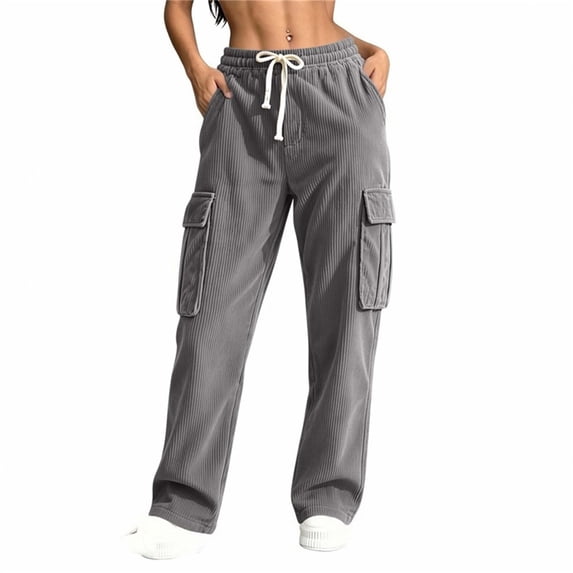 Sevevn Women's Fall Ribbed-Knit Mid-Rise Straight-Leg Cargo Pants Elastic Drawstring Multi-Pocket Casual Pants