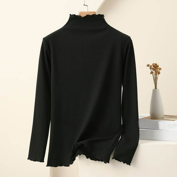 Sevevn Women's Fashion Casual Round Neck Internal Construction Solid Color Shirt Long Sleeve Top Black L Early Access Deals