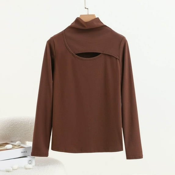 Sevevn Women's Fashion Casual Round Neck Internal Construction Solid Color Shirt Long Sleeve Top Coffee L Christmas Gift