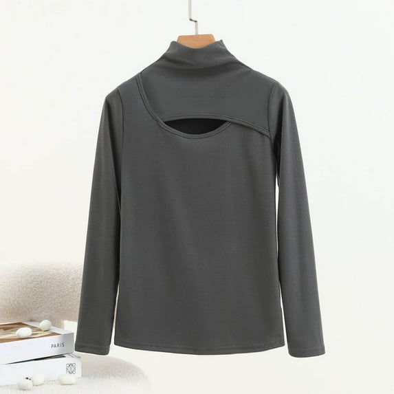 Sevevn Women's Fashion Casual Round Neck Internal Construction Solid Color Shirt Long Sleeve Top Dark Gray XL Christmas Deals