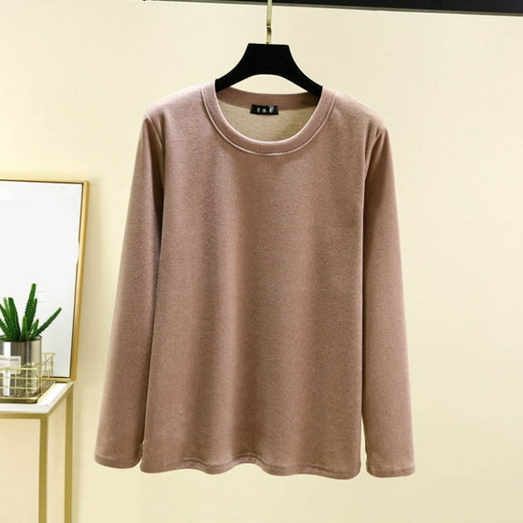 Sevevn Women's Fashion Casual Round Neck Internal Construction Solid Color Shirt Long Sleeve Top Khaki XXL Clearance Sales Online Deals