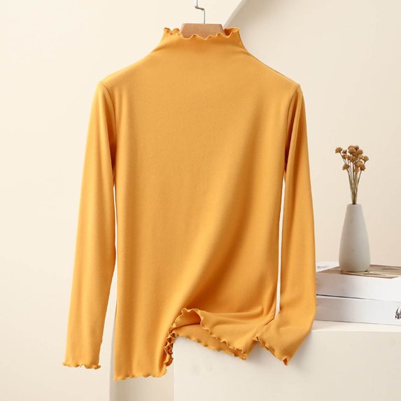 Sevevn Women's Fashion Casual Round Neck Internal Construction Solid Color Shirt Long Sleeve Top Yellow XXL Sales Today Clearance