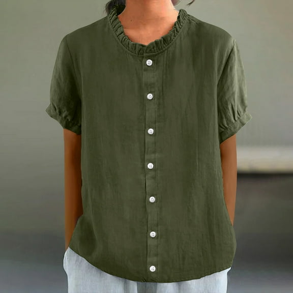 Sevevn Women's Fashion Casual Round Neck Short Sleeve Solid Lace Button Shirt Blouse Top Holiday Gift Finder Army Green XXL