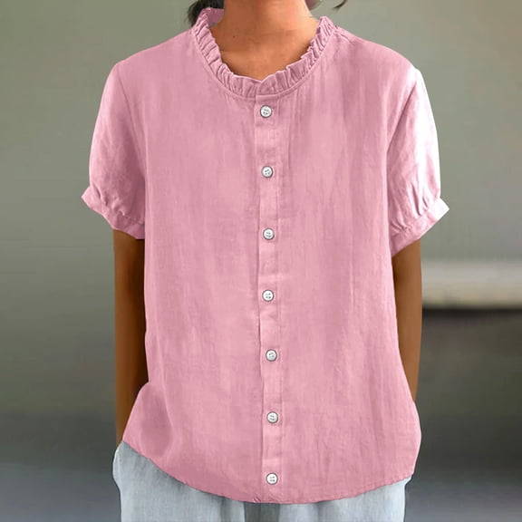 Sevevn Women's Fashion Casual Round Neck Short Sleeve Solid Lace Button Shirt Blouse Top Spring Tops for Women Pink L