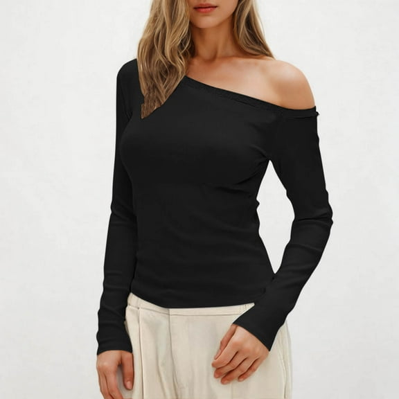 Sevevn Women's Fashion Casual Round Neck Solid Color Off The Shoulder Top Long Sleeve Shirts Black S Deal of the Week