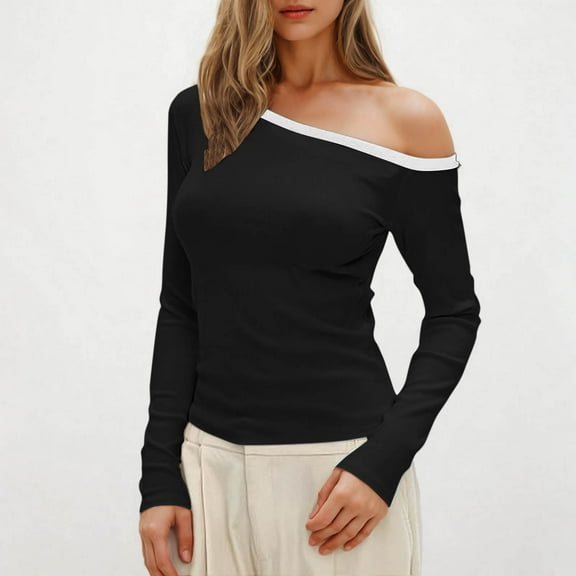 Sevevn Women's Fashion Casual Round Neck Solid Color Off The Shoulder Top Long Sleeve Shirts Gray XXL Holiday Gift Finder