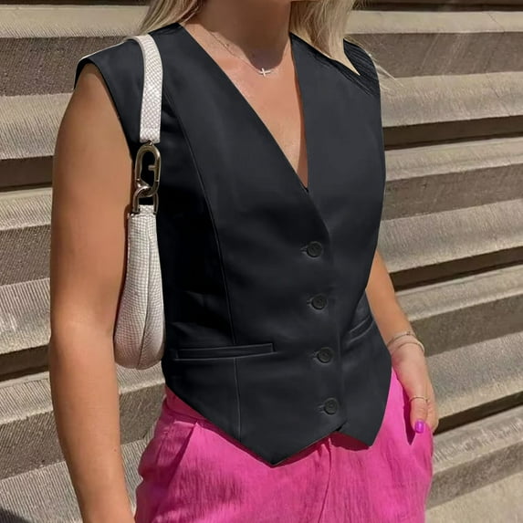 Sevevn Women's Fashion Casual Slim Solid Color Tank Top Sleeveless Vest Button Short Black M Holiday Gift Finder