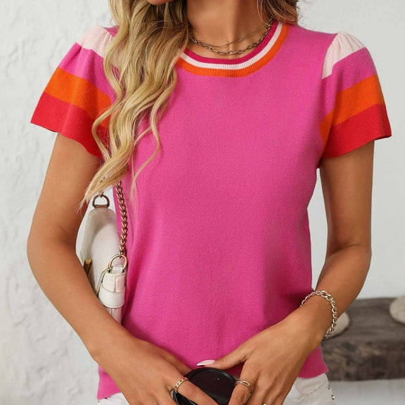 Sevevn Women's Fashion Casual Spring And Summer New Crew-Neck Knitted Top Contrast Color Sweet Short-Sleeved Sweater Hot Pink S Gift for Adults