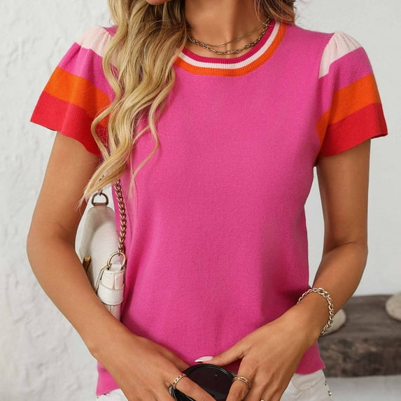 Sevevn Women's Fashion Casual Spring And Summer New Crew-Neck Knitted Top Contrast Color Sweet Short-Sleeved Sweater Hot Pink S Gift for Adults