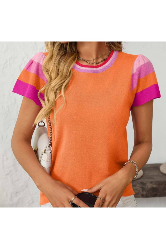 Women's Fashion Casual Spring And Summer New Crew-Neck Knitted Top Contrast Color Sweet Short-Sleeved Sweater Orange S Summer Clearance