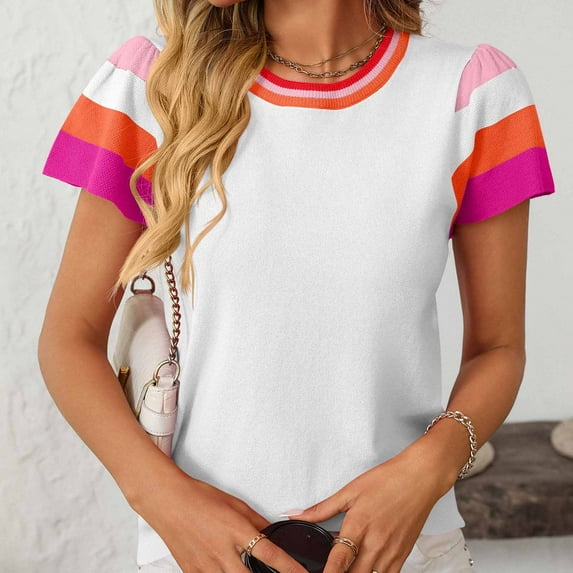 Sevevn Women's Fashion Casual Spring And Summer New Crew-Neck Knitted Top Contrast Color Sweet Short-Sleeved Sweater White XL Early Access Deals