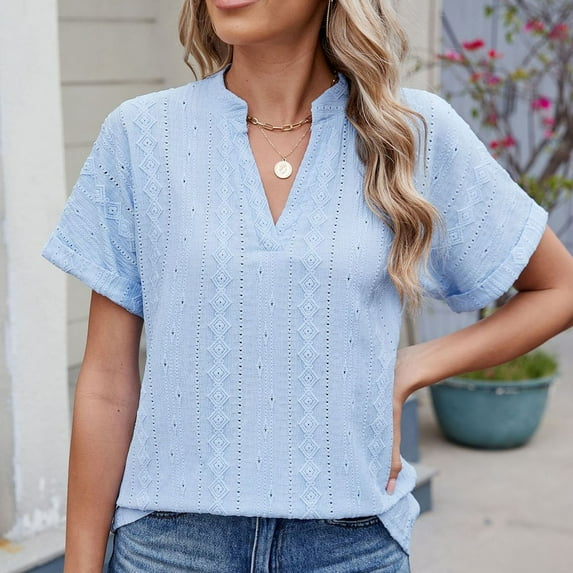 Sevevn Women's Fashion Casual Spring And Summer New V-Neck Shoulder Short Sleeve Loose T-Shirt Top Sky Blue M Clearance Sales Online Deals