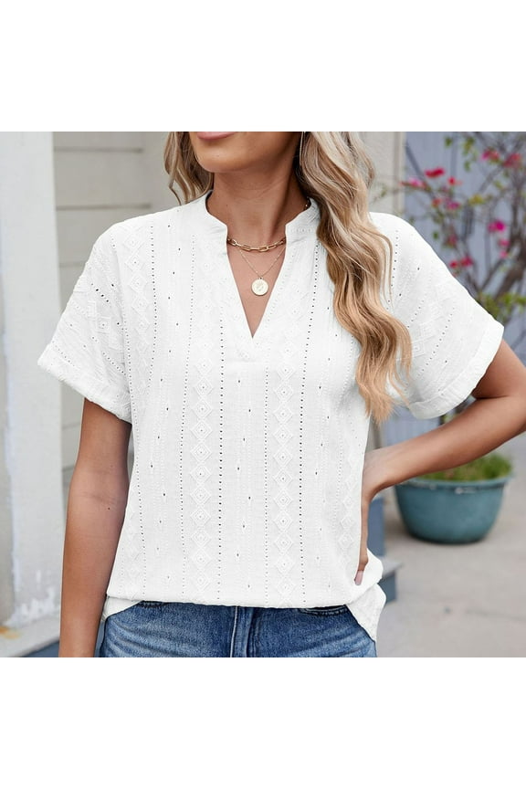 Women's Fashion Casual Spring And Summer New V-Neck Shoulder Short Sleeve Loose T-Shirt Top White M Gift for Adults