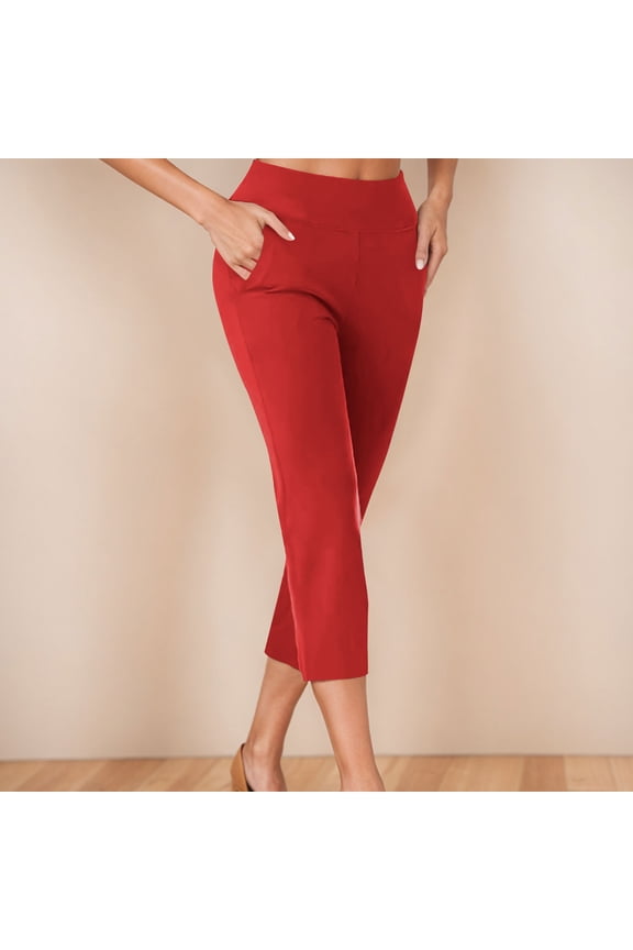 Women's Fashion Casual Temperament Solid Color Slim Capris Pants With Pocket Summer Clearance Red M