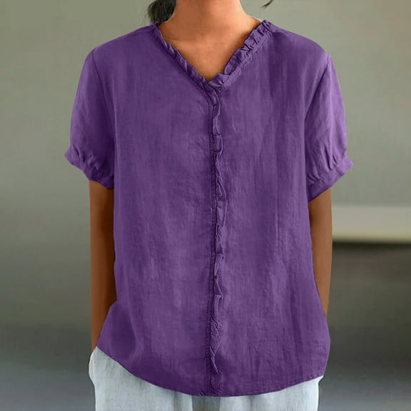 Sevevn Women's Fashion Casual V-Neck Short Sleeve Solid Lace Shirt Blouse Top Women Beach Fashion Purple L