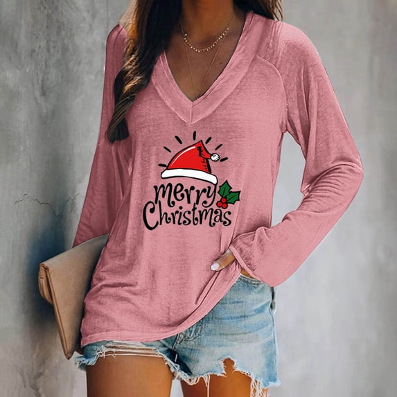 Sevevn Women's Fashion Christmas Printed Loose Long Sleeve Blouse V-Neck Casual Pullover Tops Blouses Pink XXL Holiday Gift Finder