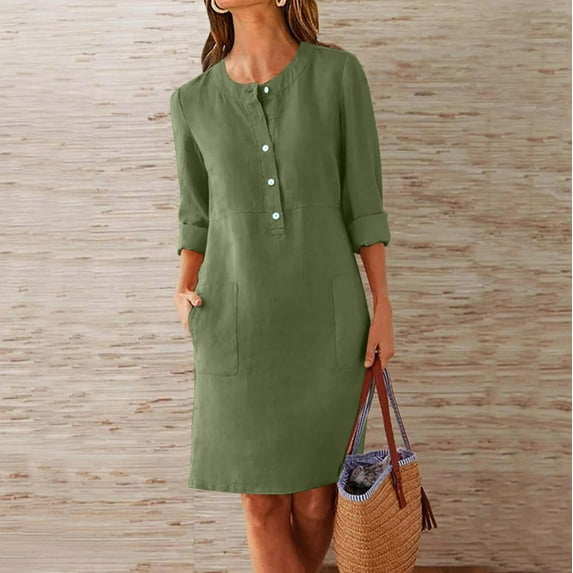 Sevevn Women's Fashion Crewneck Loose Half Sleeve Solid Knee-length Dress Deal of the Week Army Green XL