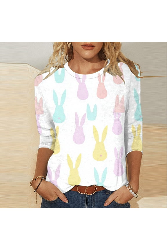 Women's Fashion Easter Printed T-shirt 3/46 Sleeves Loose Blouse Round Neck Casual Tops White M Family Gifts