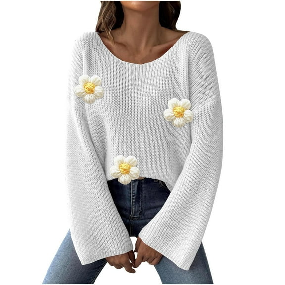 Sevevn Women's Fashion Loose Off Shoulder Flared Sleeve Sweater With Floral Patchwork Top