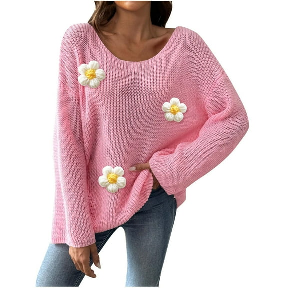 Sevevn Women's Fashion Loose Off Shoulder Flared Sleeve Sweater With Floral Patchwork Top