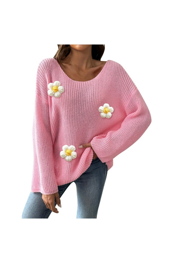 Women's Fashion Loose Off Shoulder Flared Sleeve Sweater With Floral Patchwork Top