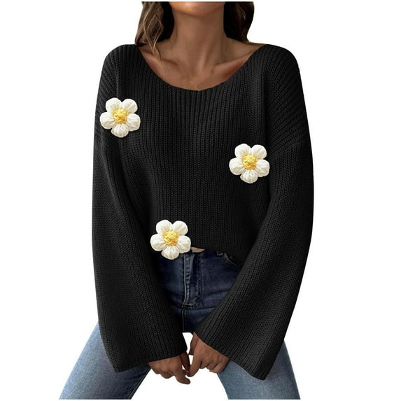 Sevevn Women's Fashion Loose Off Shoulder Flared Sleeve Sweater With Floral Patchwork Top