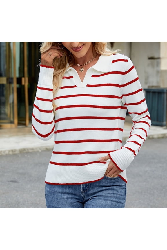 Women's Fashion New Long Sleeve Lapel Casual Striped Sweater Sweater Lapel Sweater Top Red XL Gift for Adults