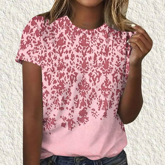 Sevevn Women's Fashion Printed Blouses Short Sleeved Round Neck Tops Pink L Summer Savings