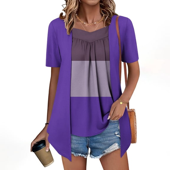 Sevevn Women's Fashion Printed Fake Two Piece Short Sleeve Round-Neck Blouses Top Purple XL Holiday Gift Finder