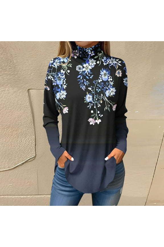 Women's Fashion Printed Long Sleeve Printed Turtleneck Top T-shirt Blue XXL Summer