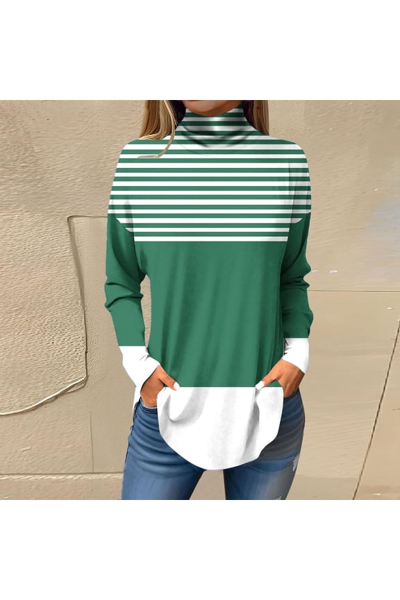 Women's Fashion Printed Long Sleeve Printed Turtleneck Top T-shirt Green XL Holiday Gift Finder