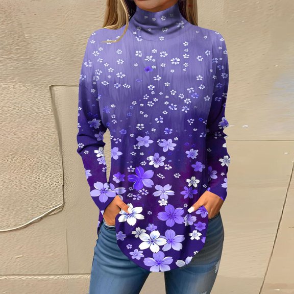 Sevevn Women's Fashion Printed Long Sleeve Printed Turtleneck Top T-shirt Purple S Deal of the Week