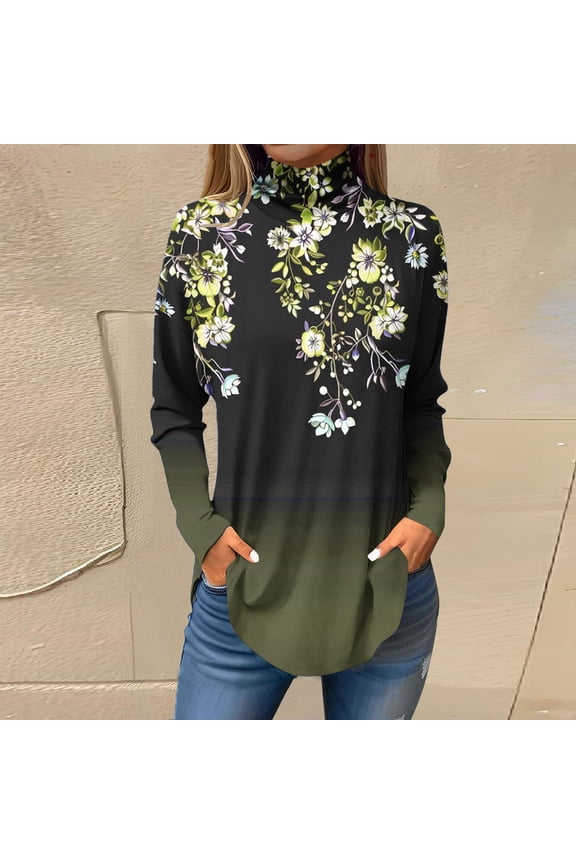Women's Fashion Printed Long Sleeve Printed Turtleneck Top T-shirt Yellow M Great Gifts for Less