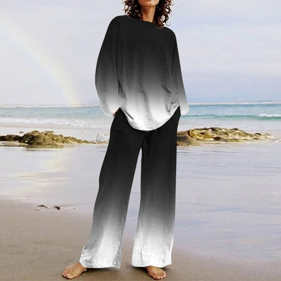 Sevevn Women's Fashion Printed Long Sleeved And Pants Set Casual Two-Piece Set Black M Summer Savings