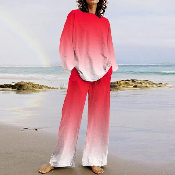 Sevevn Women's Fashion Printed Long Sleeved And Pants Set Casual Two-Piece Set Red S Deal of the Week