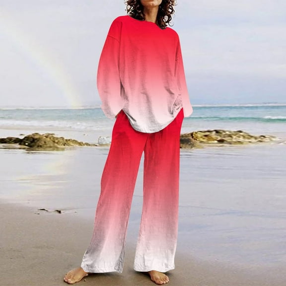 Sevevn Women's Fashion Printed Long Sleeved And Pants Set Casual Two-Piece Set Red S Deal of the Week