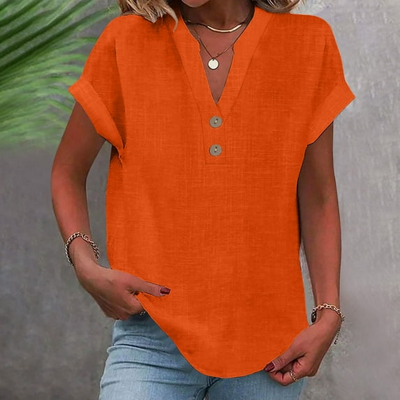 Sevevn Women's Fashion Solid Button Shirt Female-Neck Loose T-shirt Blouse Deal of the Week Orange XXXL