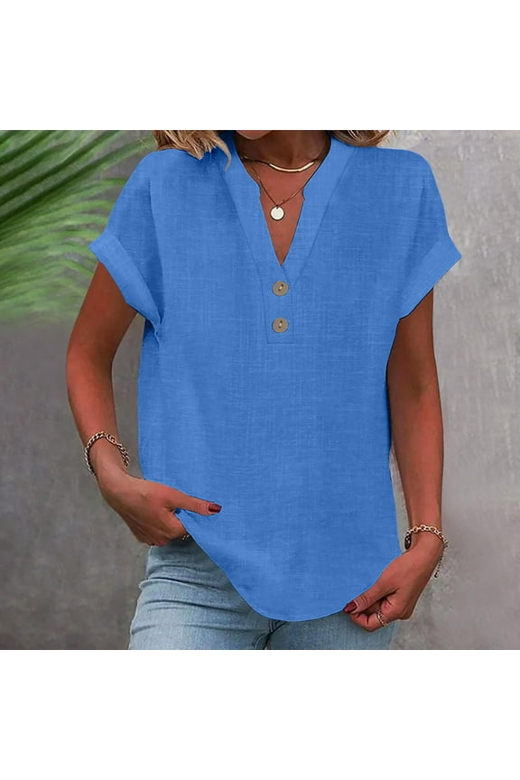 Sevevn Women's Fashion Solid Button Shirt Female-Neck Loose T-shirt Blouse Rollbacks Blue XL