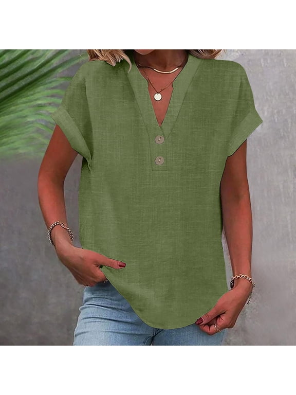 Women's Fashion Solid Button Shirt Female-Neck Loose T-shirt Blouse Spring Tops for Women Green M