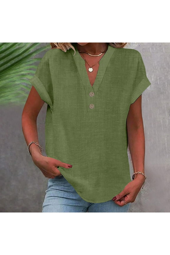Women's Fashion Solid Button Shirt Female-Neck Loose T-shirt Blouse Spring Tops for Women Green M