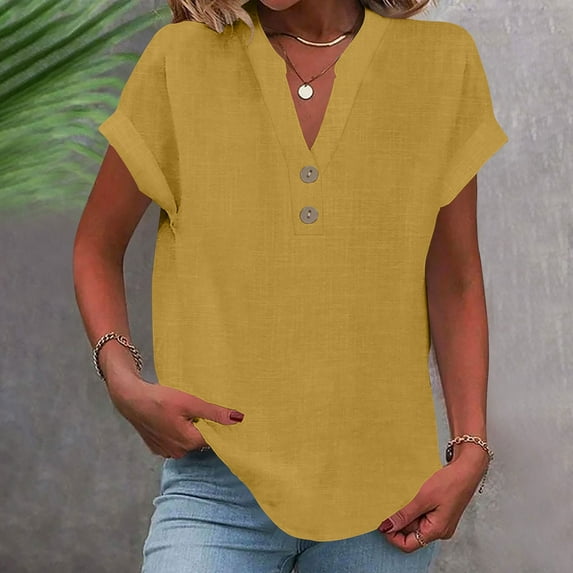 Summer Gift Sawvnm Women's Fashion Solid Button Shirt Female V-Neck Loose T-shirt Blouse Yellow S