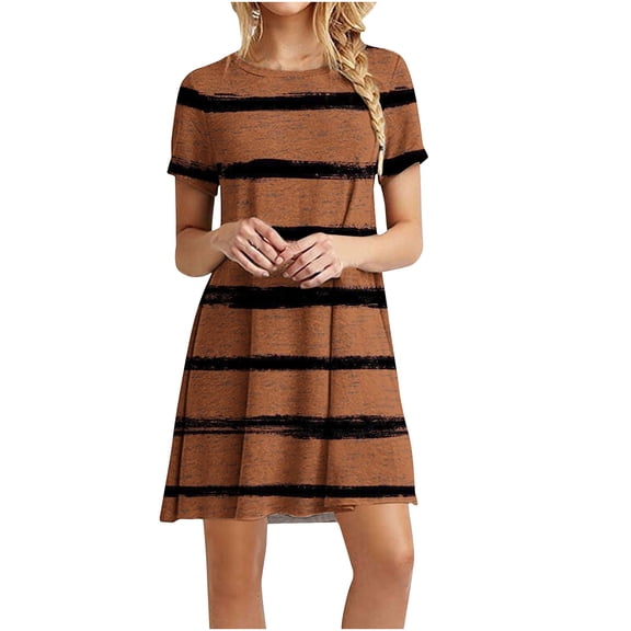 Summer Dresses For Women 2025 Sevevn Women's Casual Color-Blocking Printed Short-Sleeved Round-Neck Dress