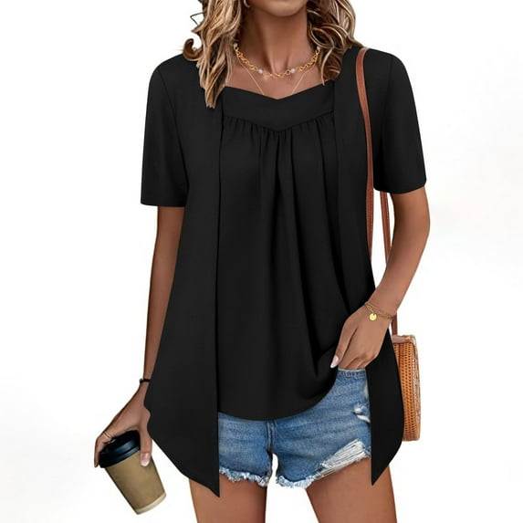 Sevevn Women's Fashion Solid Color Fake Two Piece Short Sleeve Round-Neck Blouses Top Black S Summer Gift