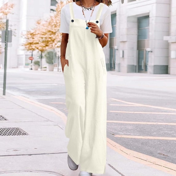Sevevn Women's Fashion Solid Color Loose Adjustable Sleeveless Double Pocket Overalls Wide Leg Jumpsuit Overalls Beige XL New Year Savings