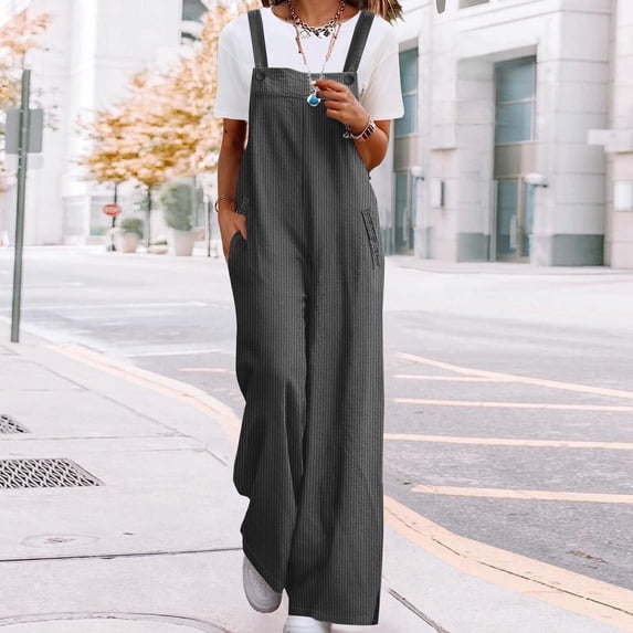 Sevevn Women's Fashion Solid Color Loose Adjustable Sleeveless Double Pocket Overalls Wide Leg Jumpsuit Overalls Gray XXL Gift for Adults