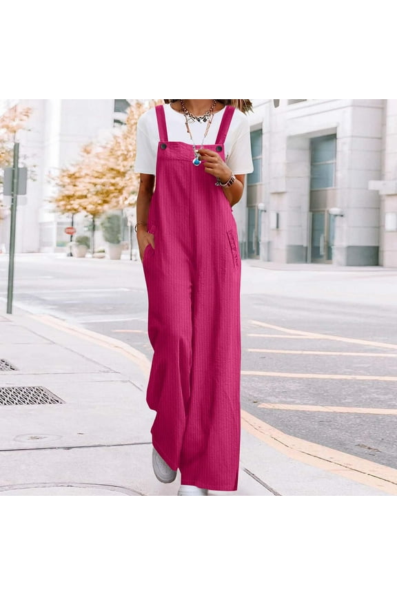 Women's Fashion Solid Color Loose Adjustable Sleeveless Double Pocket Overalls Wide Leg Jumpsuit Overalls Hot Pink M Beach Vacation Clothes for Women