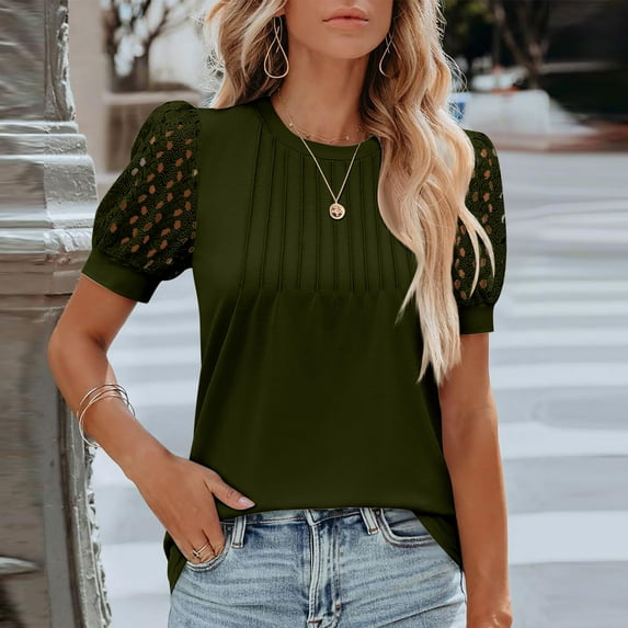 Sevevn Women's Fashion Solid Color Round-Neck Short Sleeve Round-Neck Blouses Army Green XL End of Year Clearance