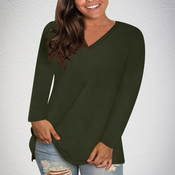Sevevn Women's Fashion Solid Loose Long Sleeve T-shirt Pullover Tops Army Green S Savings Up to 30% Off