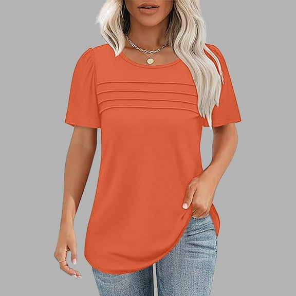 Sevevn Women's Fashion Solid Round Neck Short Sleeves Casual T-Shirt Top Orange XL Family Gifts