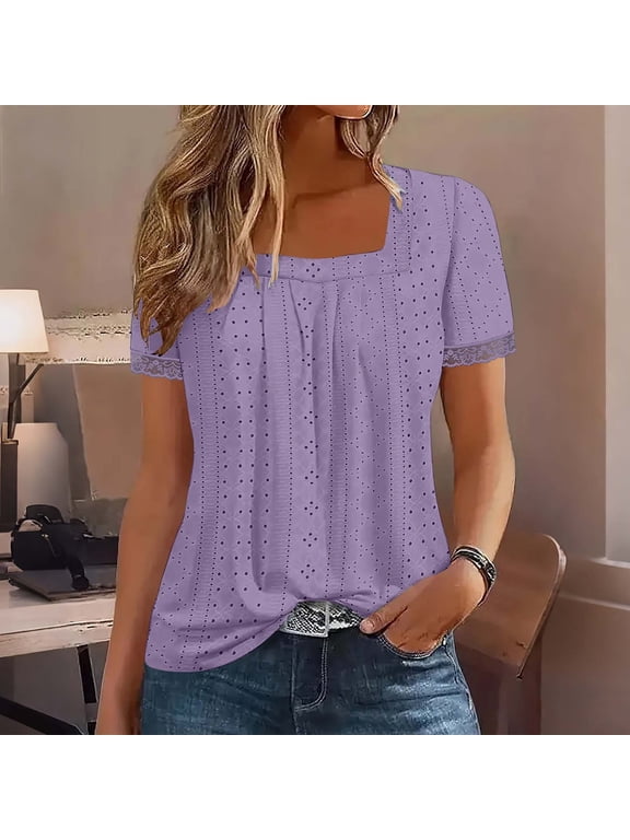 Women's Fashion Spring/Summer Solid Color Neck Short Sleeve Lace Trimed Court Lock Top